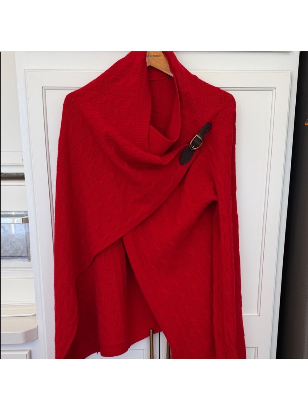 Ralph Lauren Cashmere Wool Leather Red Cable Knit Asymmetrical Cardigan